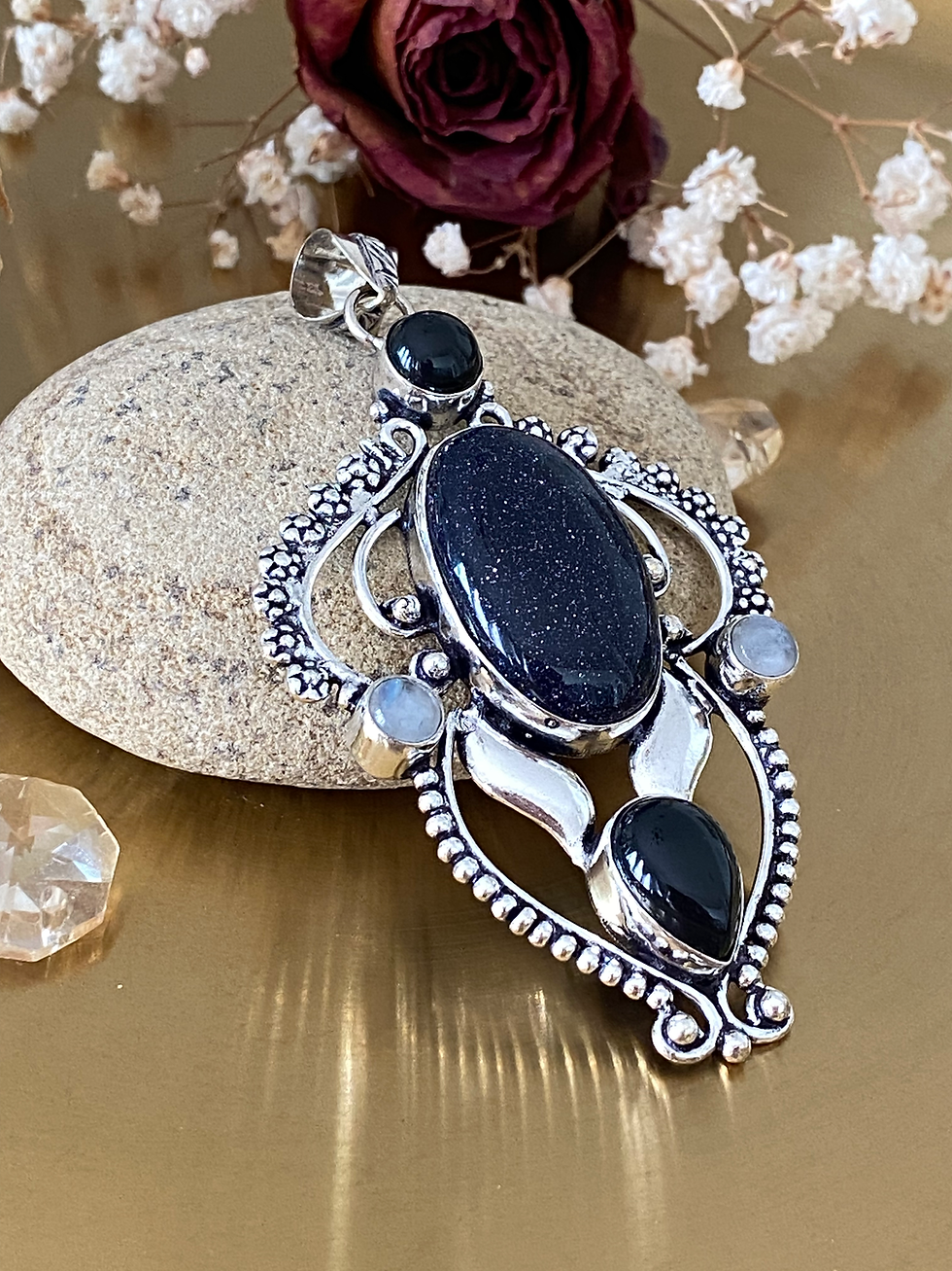 Thumbnail: Blue Sunstone, Onyx And Moonstone Pendant