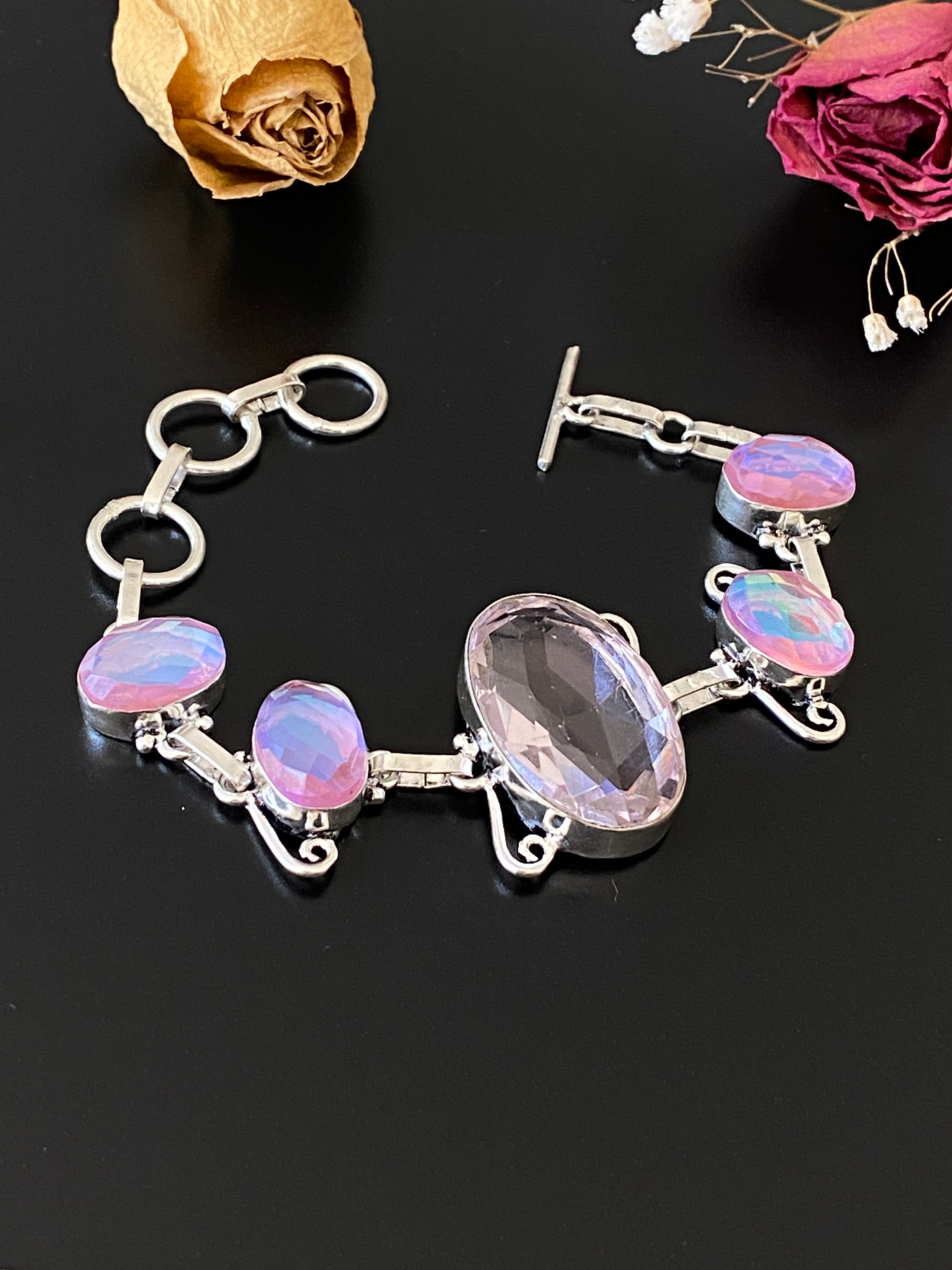 Pink Topaz And Rainbow Fire Topaz Handcrafted Bracel