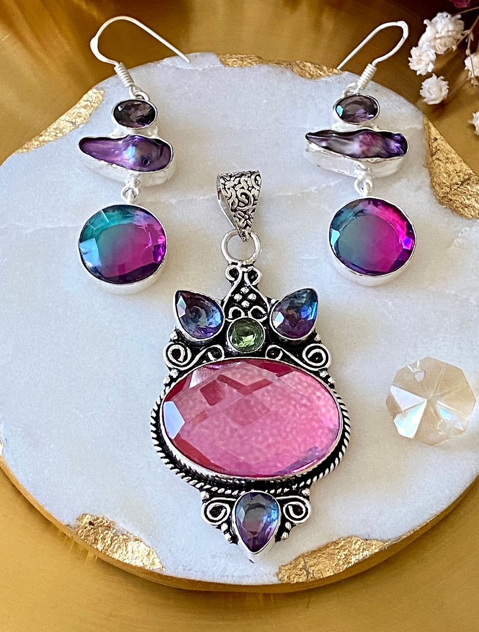 Thumbnail: Bicolor Tourmaline, Biwa Pearl And Amethyst Earrings