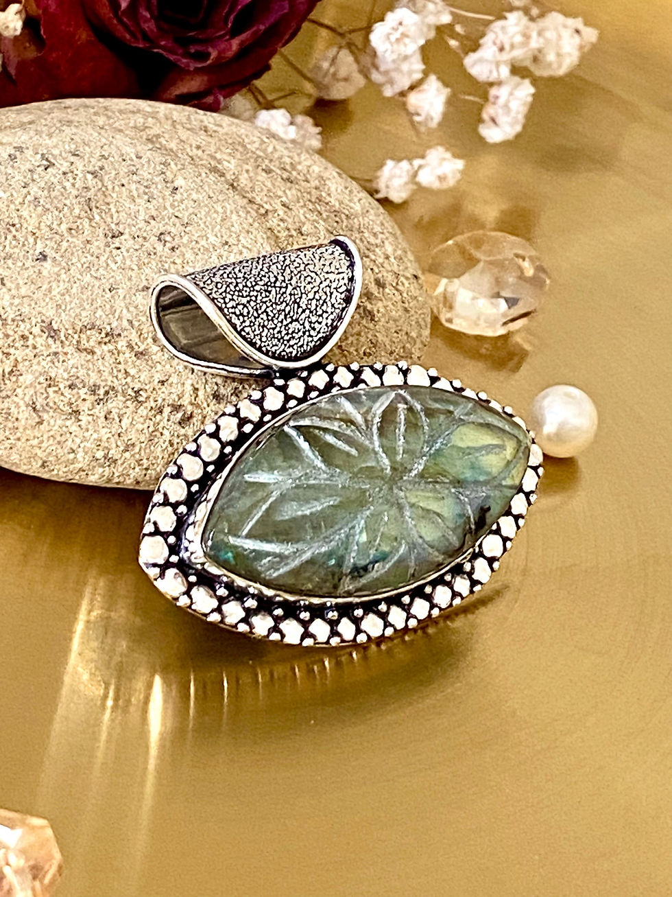 Thumbnail: Carved Fire Labradorite Handcrafted Pendant