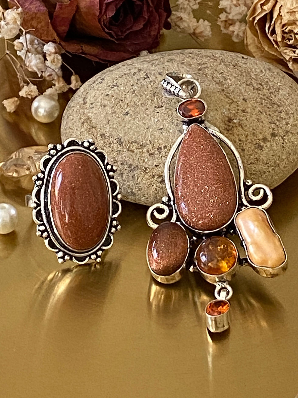 Thumbnail: Gold Sunstone S925 Sterling Silver Overlay Hand Crafted Ring Size 9
