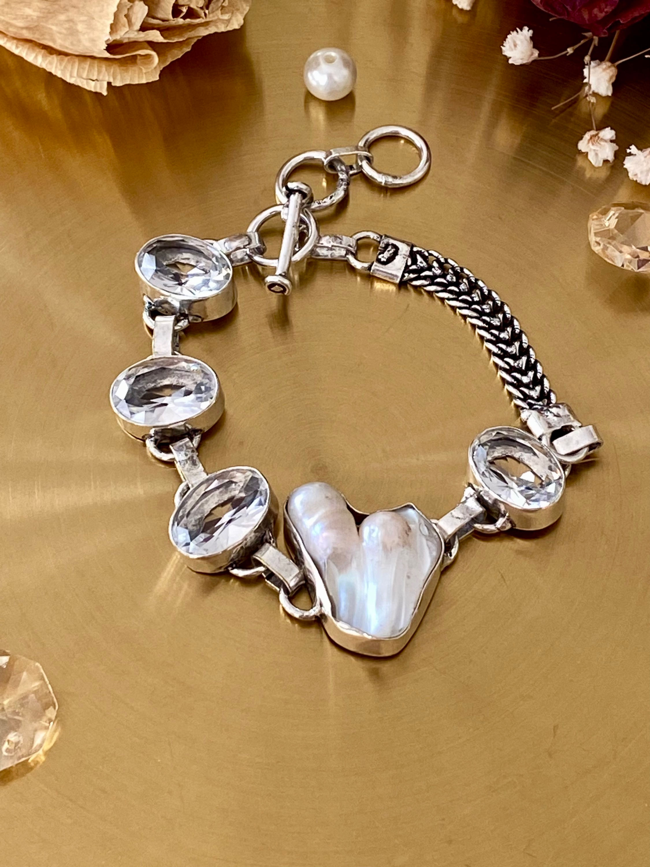 Biwa Pearl And Clear Quartz Bracelet