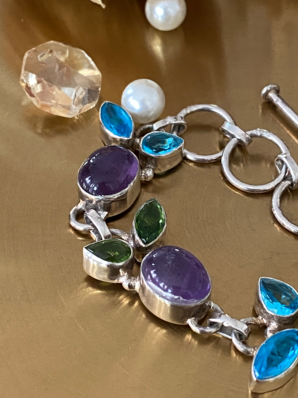 Thumbnail: Natural Amethyst, Blue Topaz And Peridot Bracelet