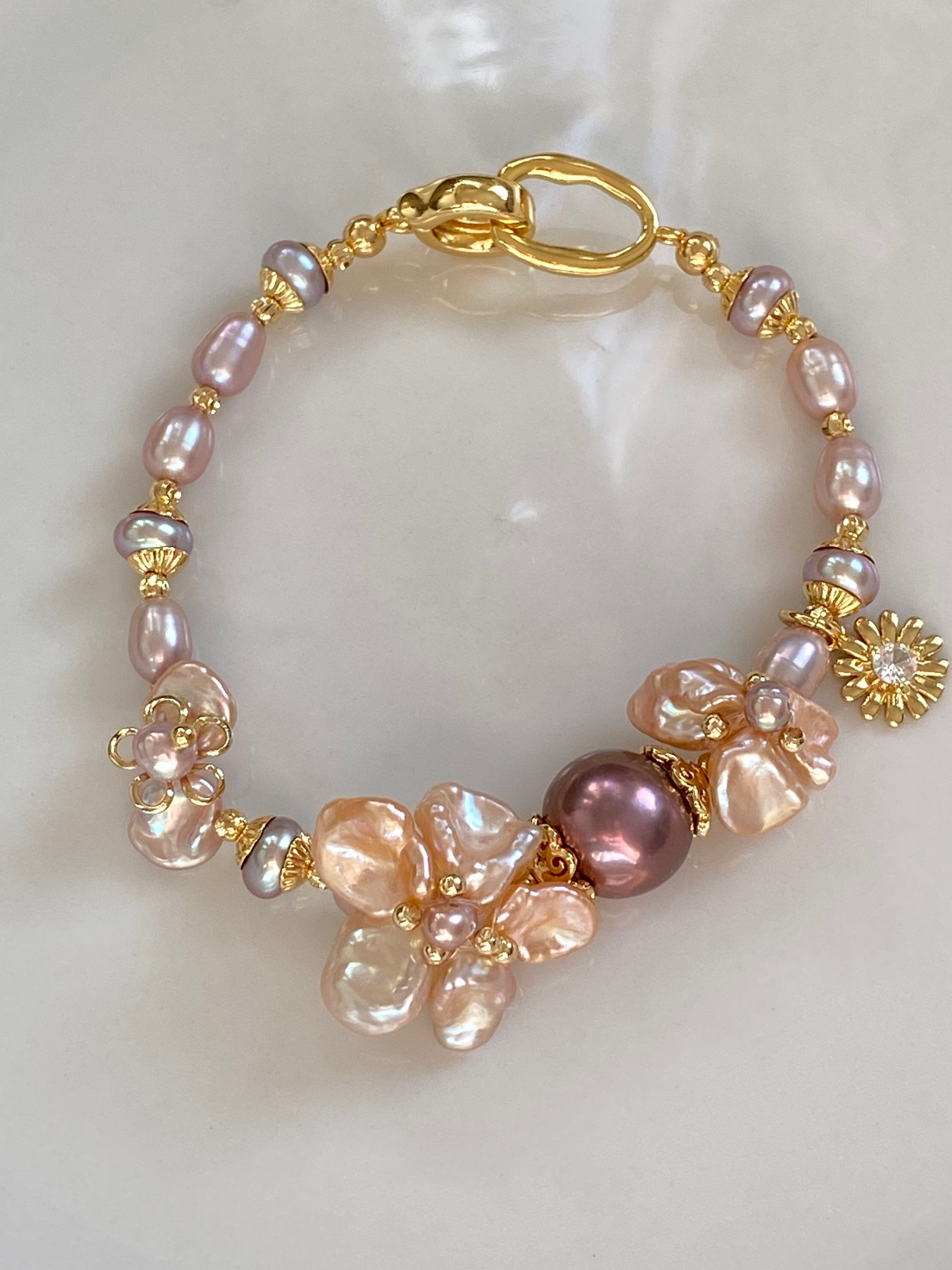 B19-Handmade Double Pink Flower Purple Edison Pearl Bracelet