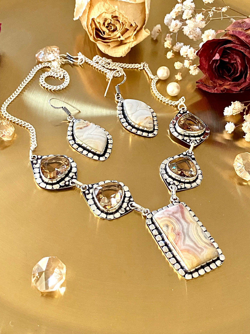 Thumbnail: Crazy Lace Agate And Morganite 2 Pcs Necklace Earrings Set