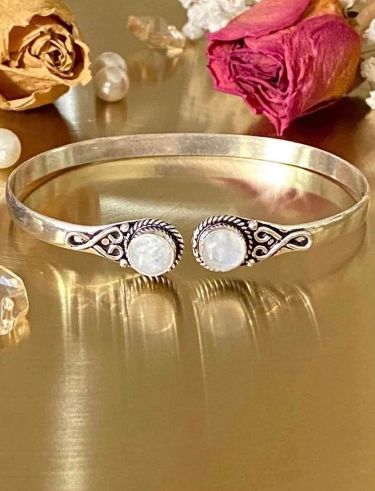 Natural Rainbow Moonstone Adjustable Bangle