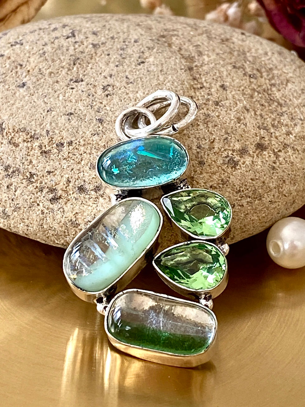 Thumbnail: Dichroic Glass And Peridot Handcrafted Pendant