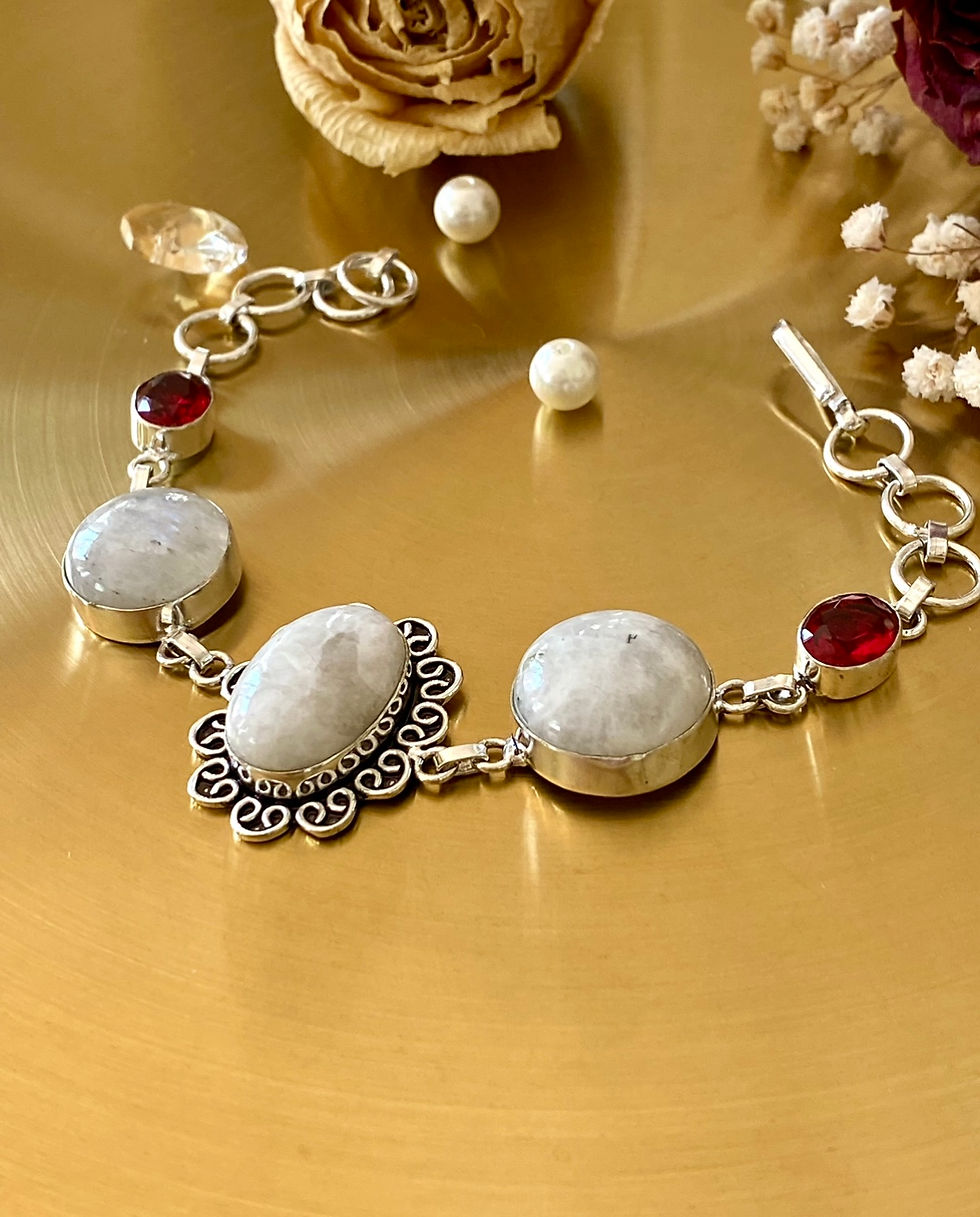 Thumbnail: Rainbow Moonstone And Garnet Handcrafted Bracelet