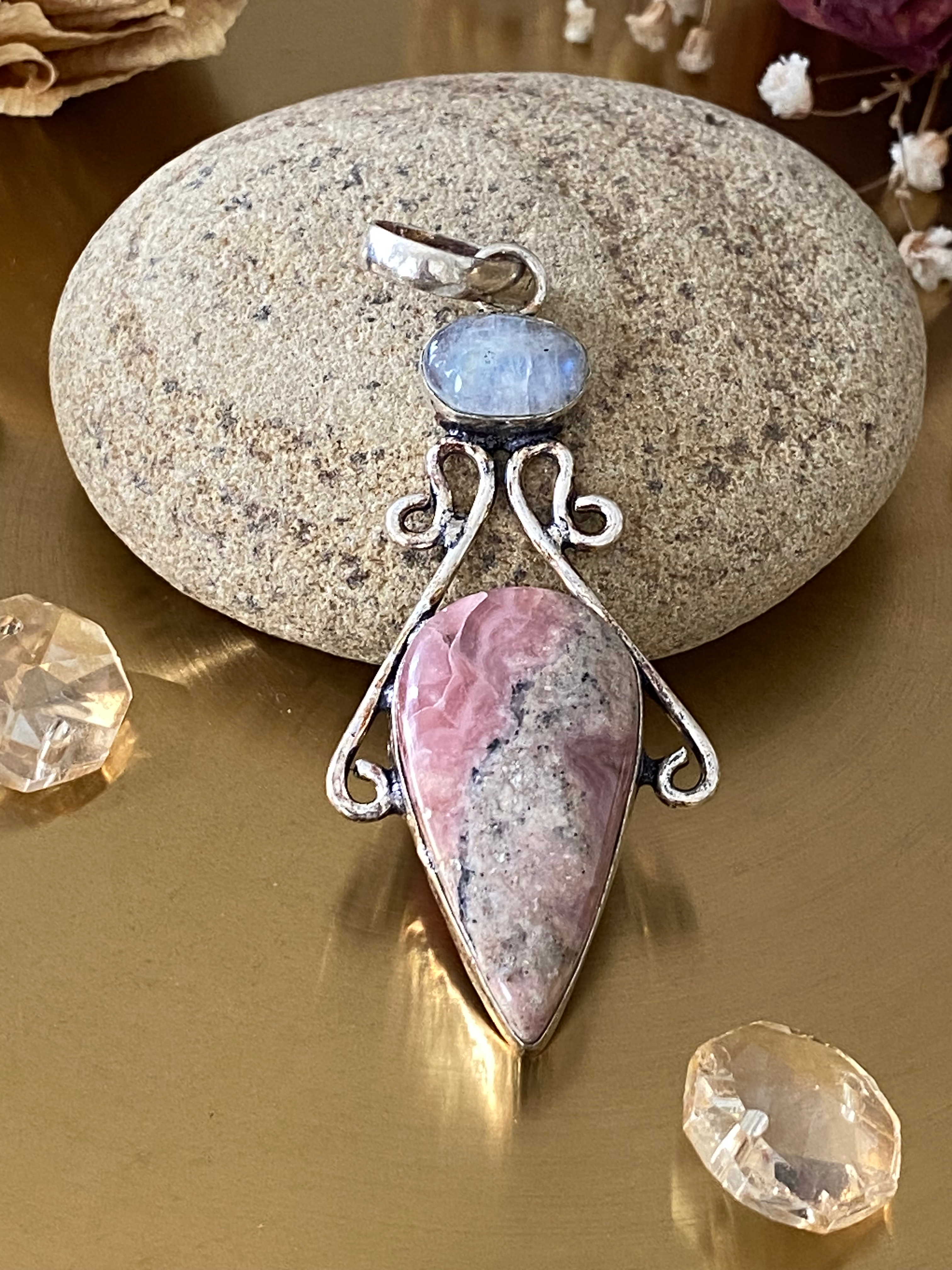 Rhodochrosite And Moonstone Hand Crafted Pendant