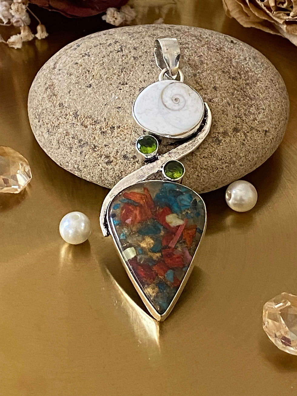 Thumbnail: Oyster Turquoise And Shiva Shell S925 Sterling Silver Overlay Pendant