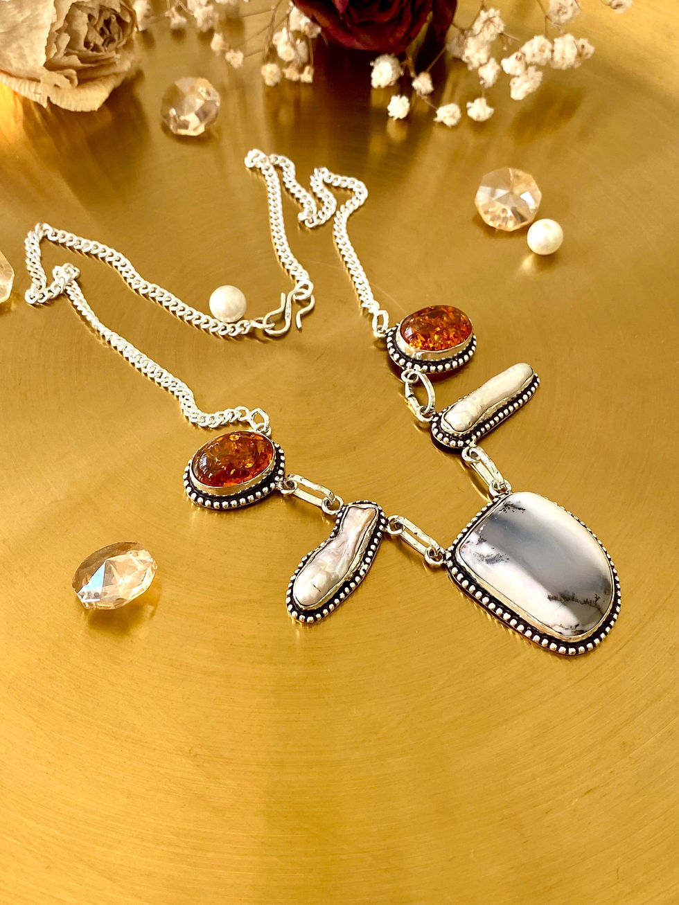 Dendrite Opal, Biwa Pearl And Baltic Amber Necklace