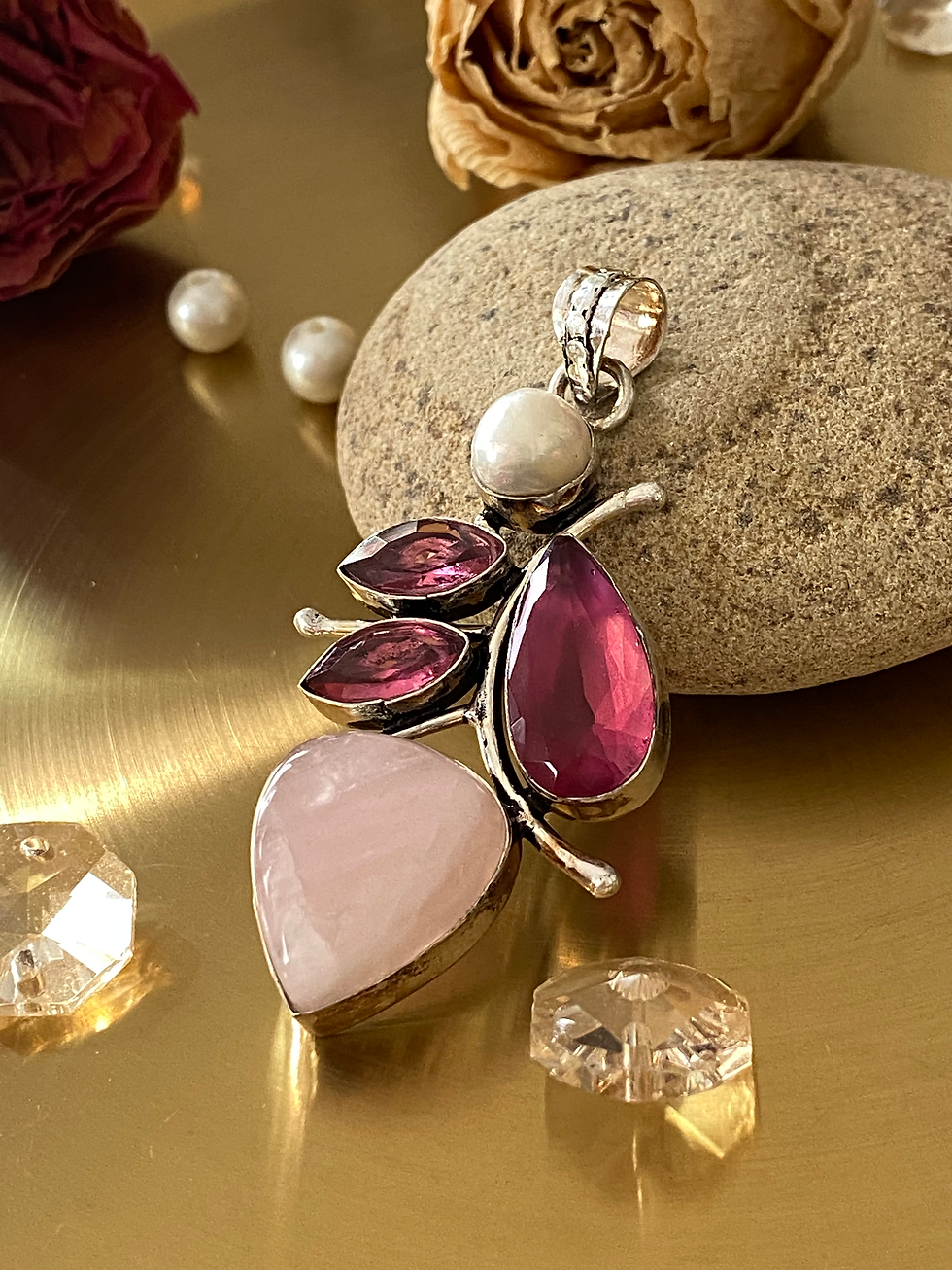 Thumbnail: Rose Quartz, Biwa Pearl And Pink Topaz Pendant