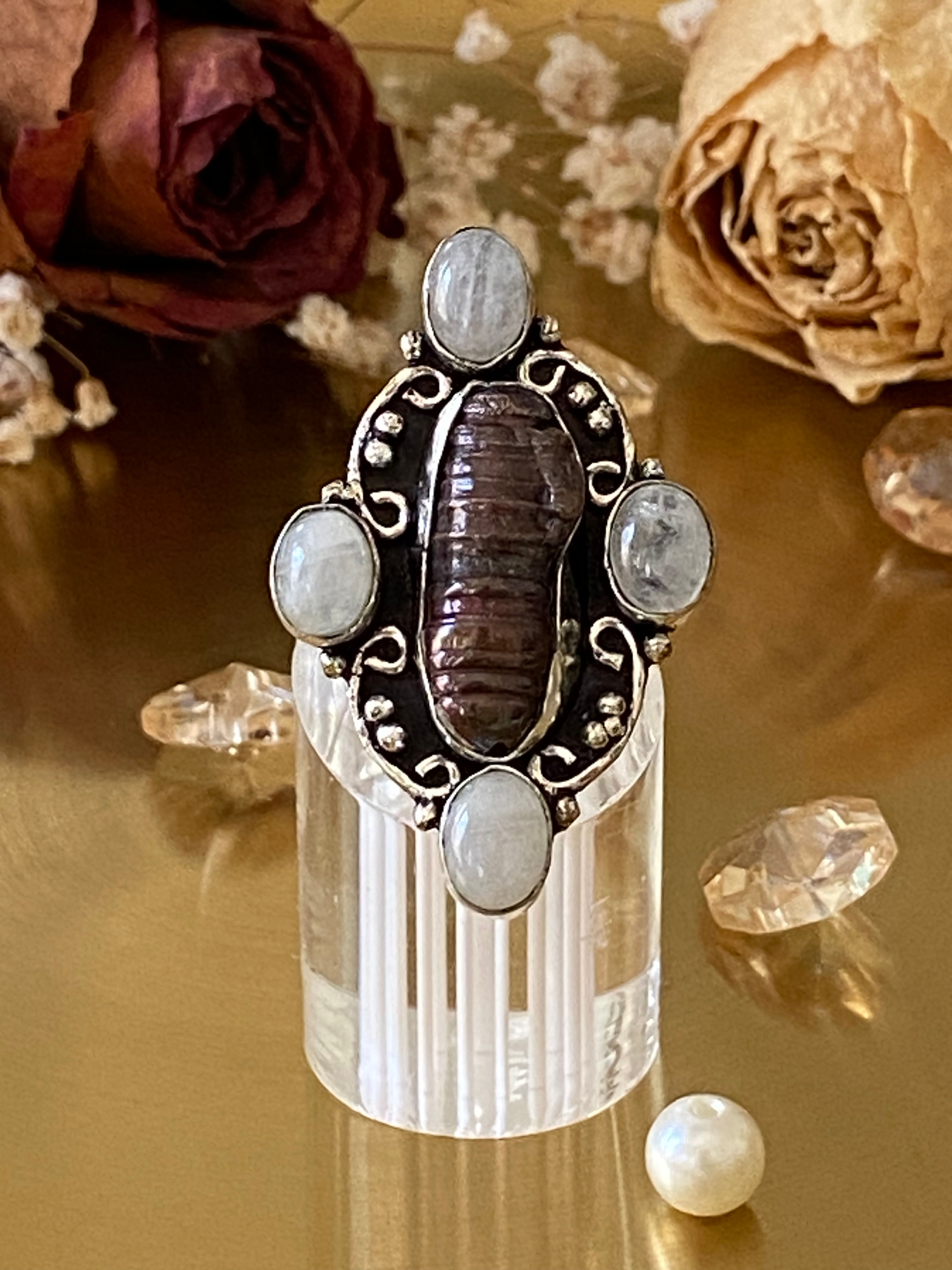 Moonstone And Biwa Pearl s925 Sterling Silver Overlay Ring Size 8.5