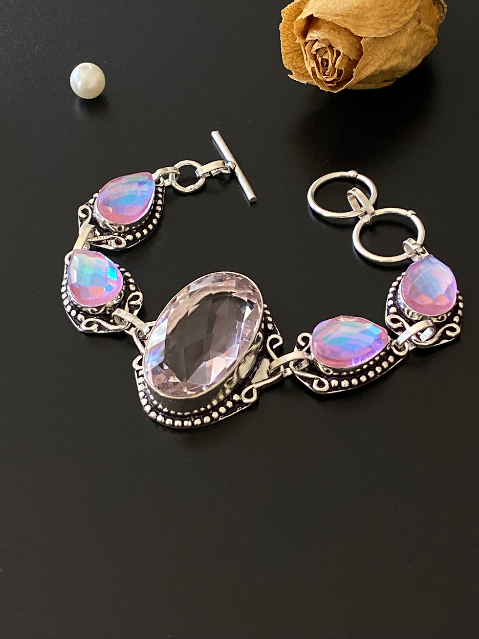 Thumbnail: Pink Topaz And Rainbow Fire Topaz Handcrafted Bracelet