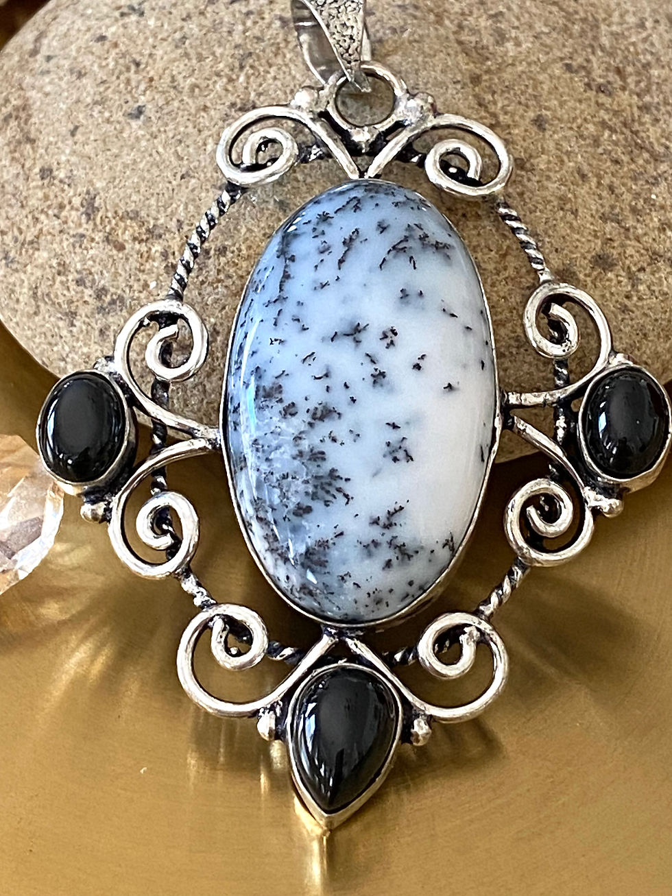 Thumbnail: Large Dendrite Opal And Onyx S925 Sterling Silver Overlay Pendant