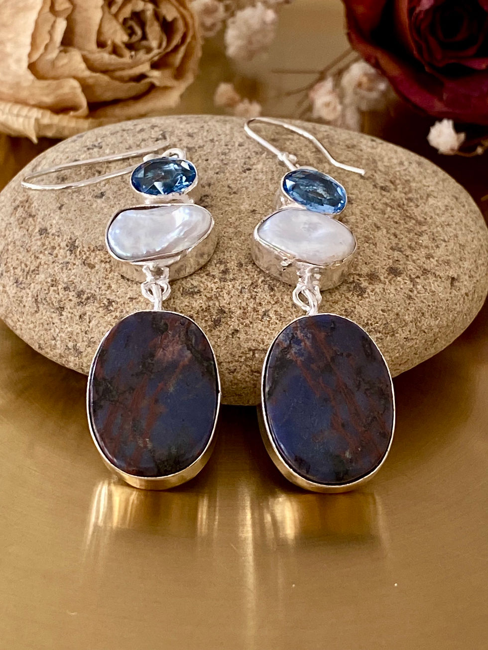 Thumbnail: Sodalite, Biwa Pearl And Blue Topaz Earrings