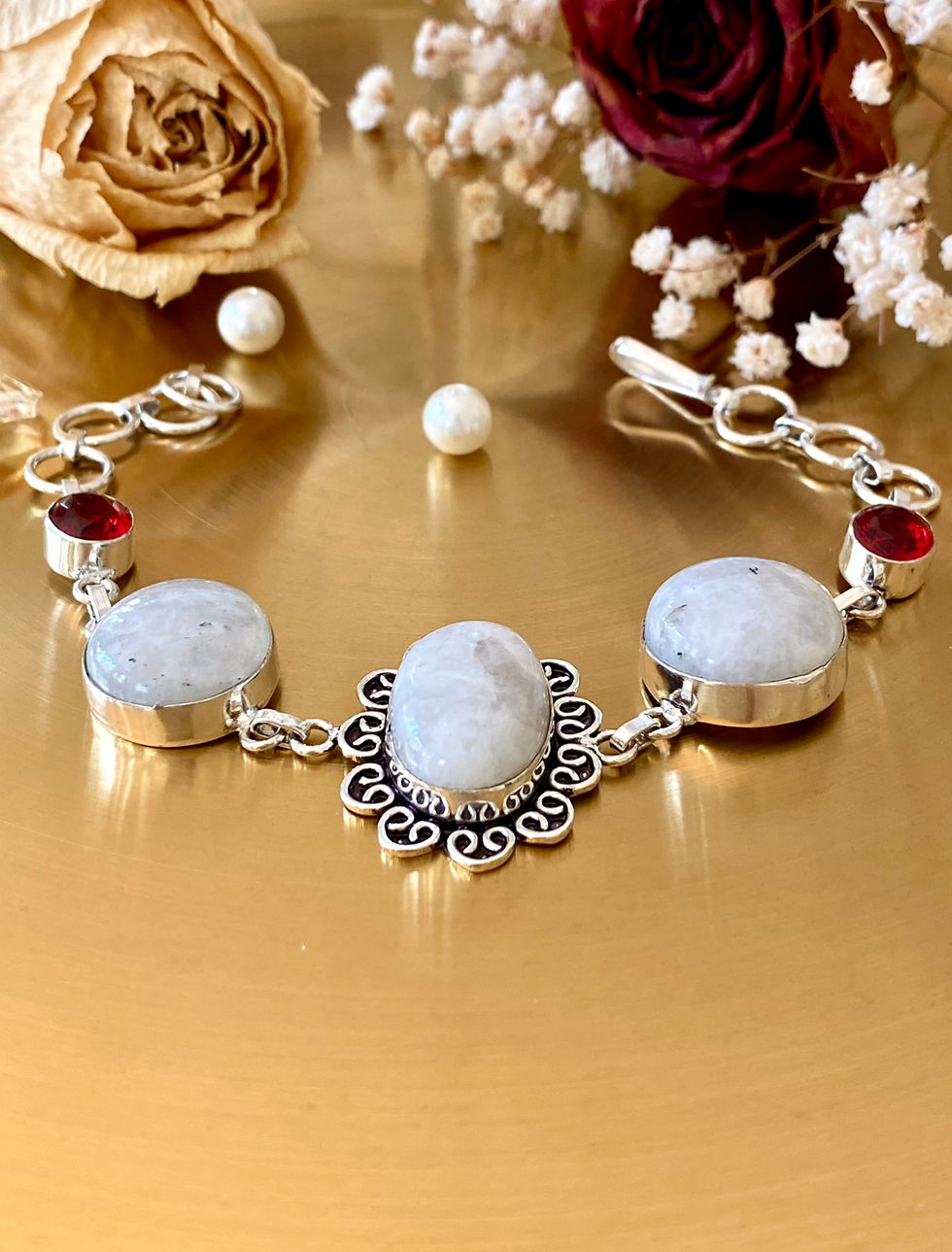 Thumbnail: Rainbow Moonstone And Garnet Handcrafted Bracelet