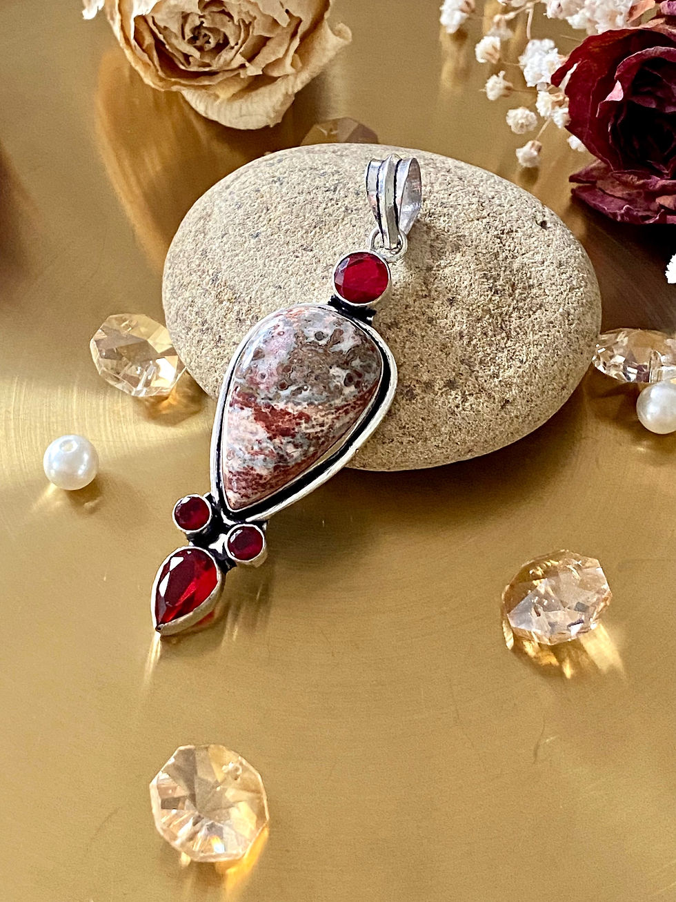 Thumbnail: Leopard Skin Jasper And Garnet Handcrafted Pendant