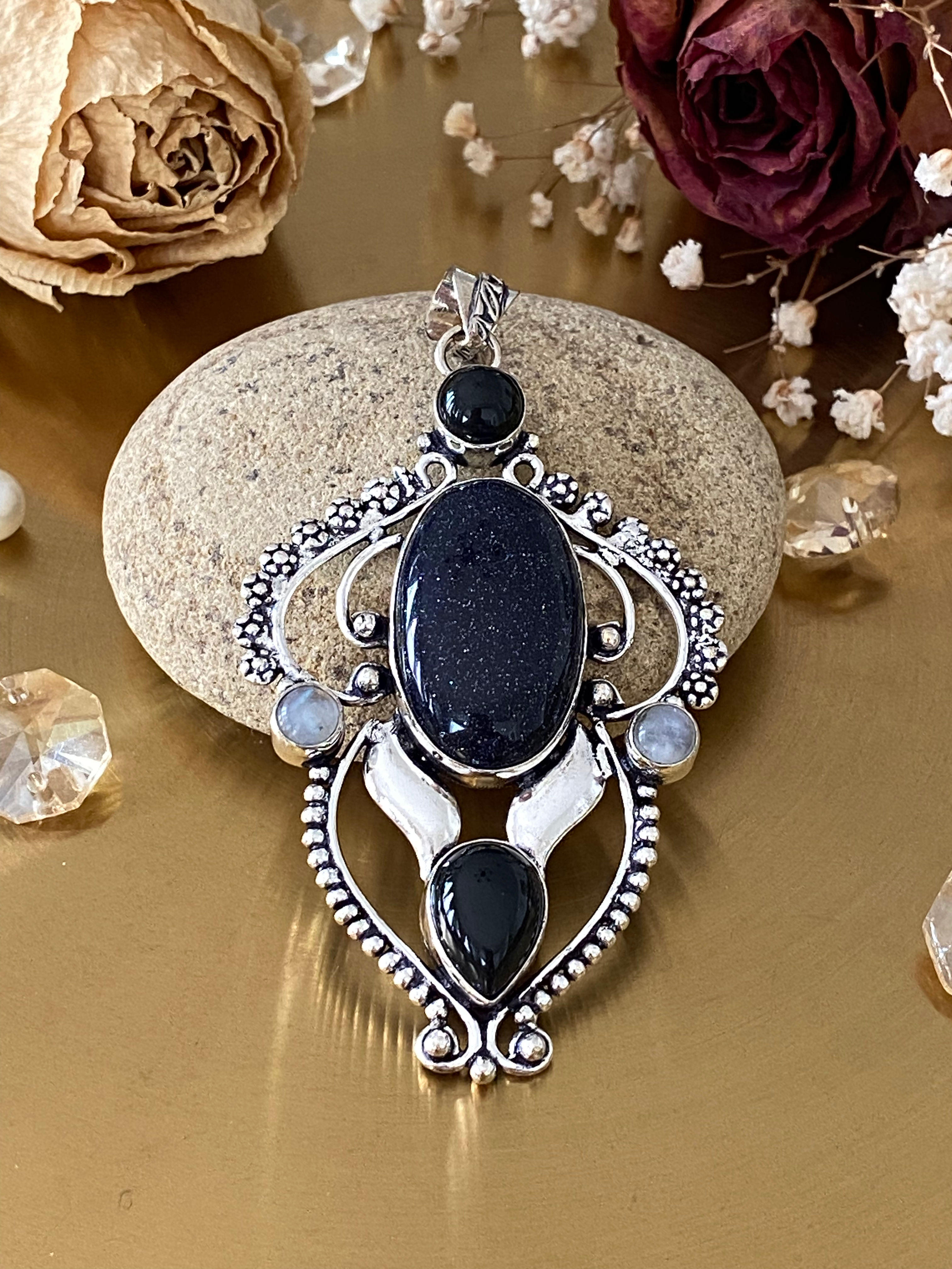 Blue Sunstone, Onyx And Moonstone Pendant