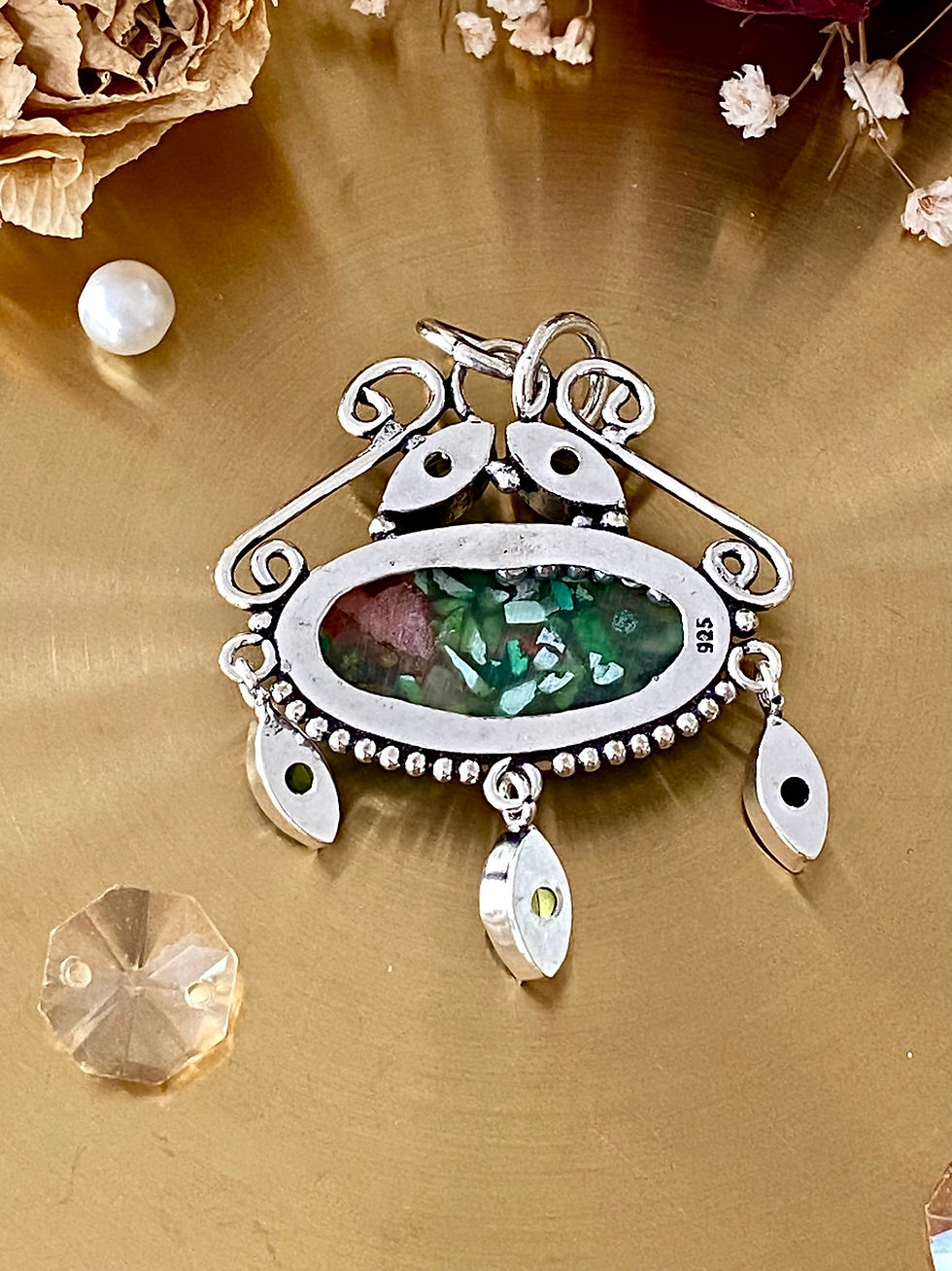 Thumbnail: Oyster Turquoise And Peridot Dangling Pendant