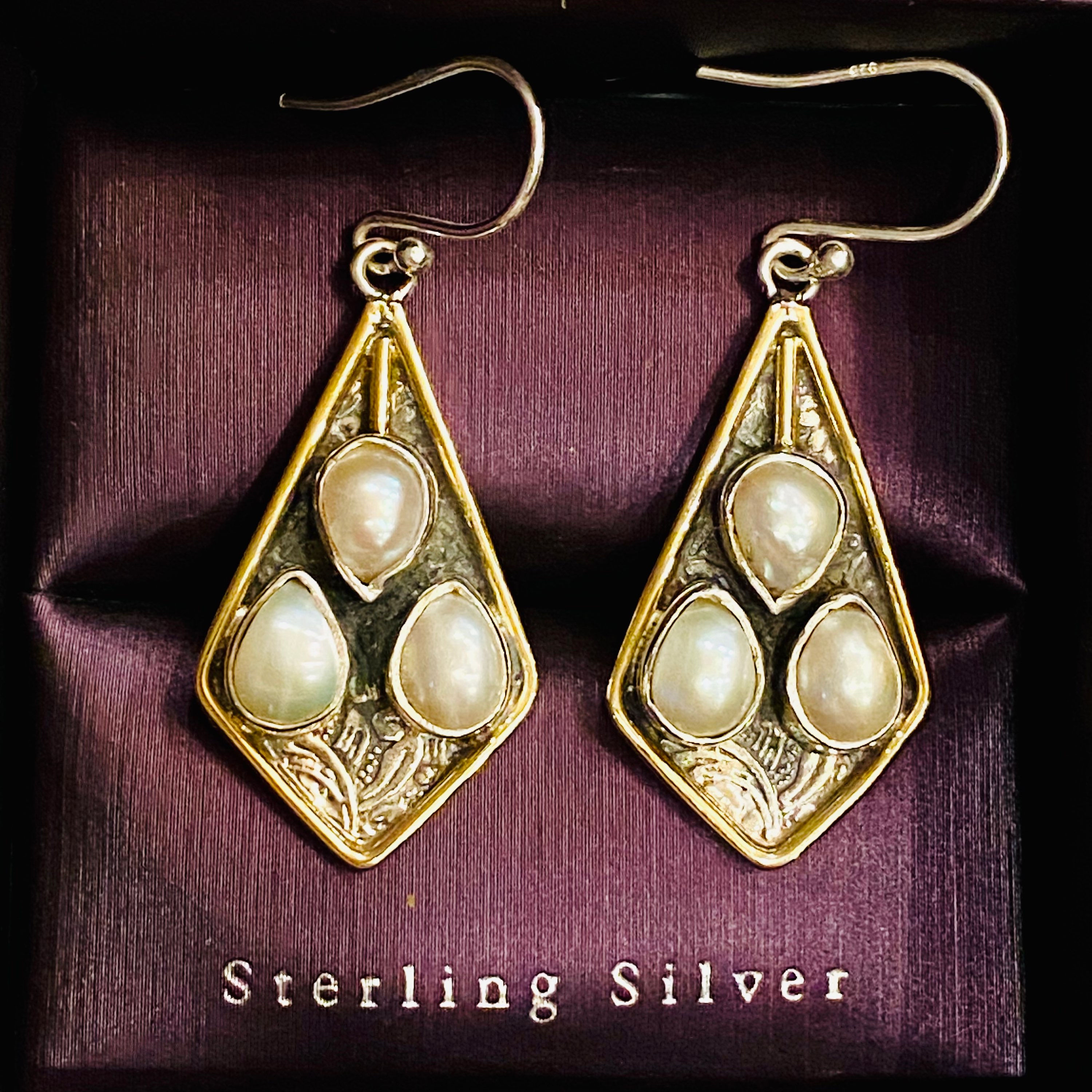 Solid 925 Sterling Silver 9.04cts Natural White Pearl Two Tone Earrings