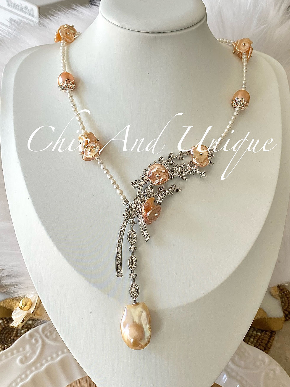 Thumbnail: N4-Handmade Natural Freshwater Pearl Peach Pink Edison, Keshi,Flameball Necklace