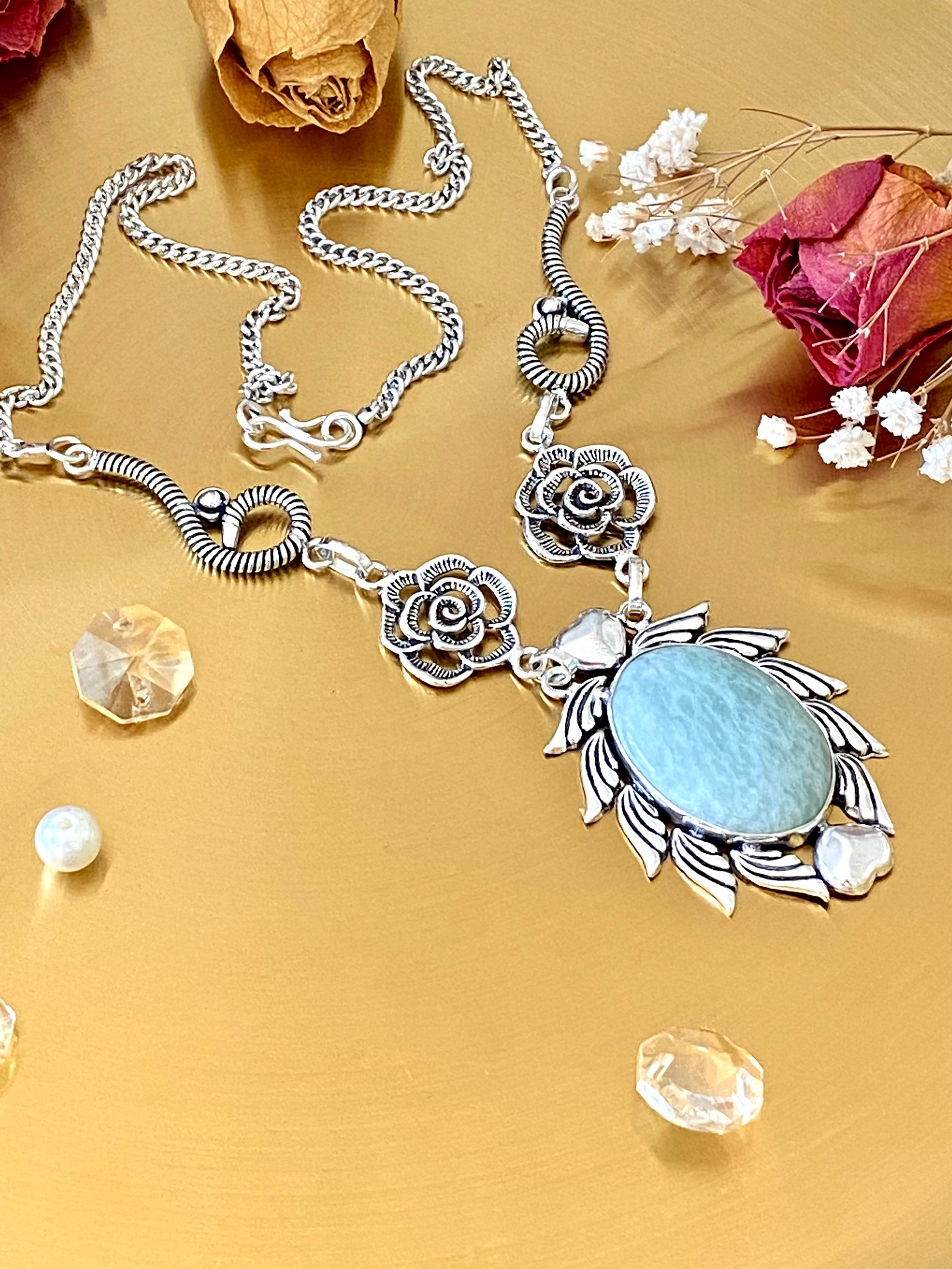 Natural Amazonite Handcrafted Flower Necklace
