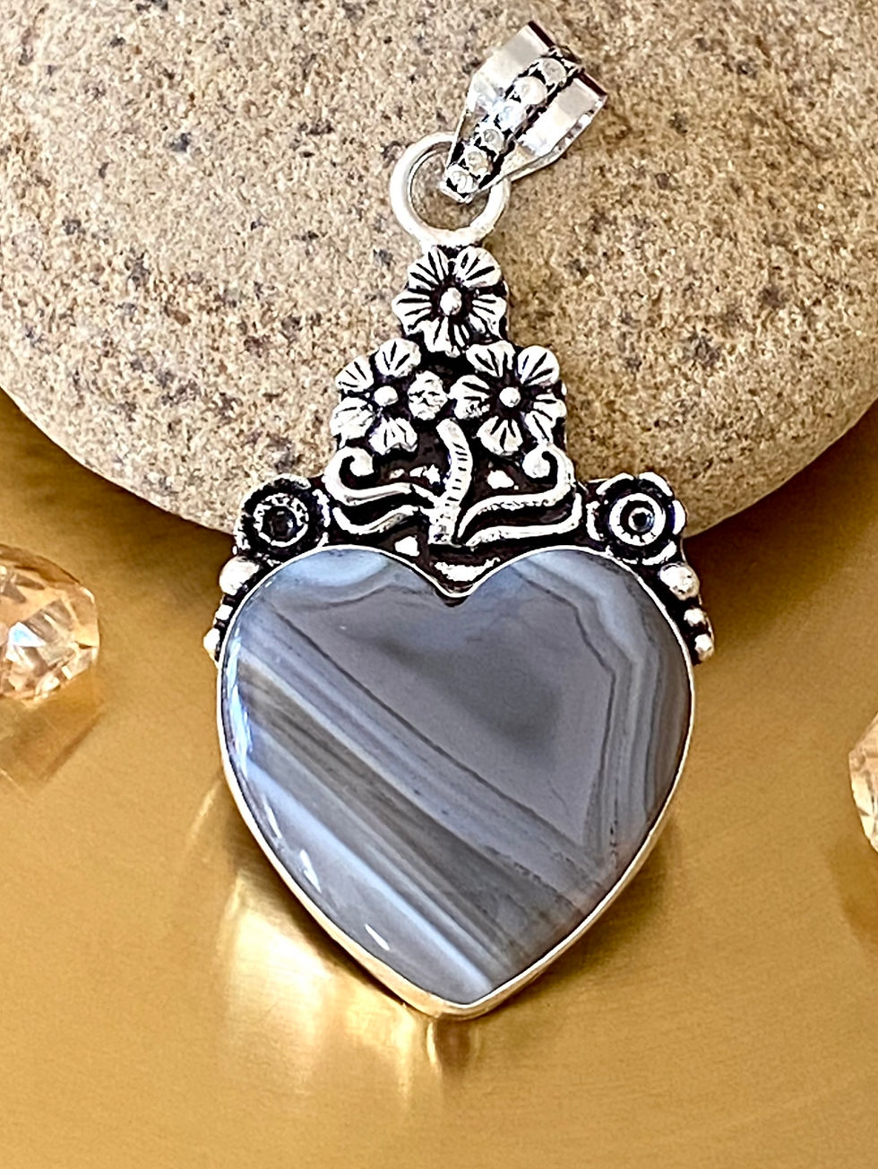 Thumbnail: Botswana Agate Handcrafted Heart And Flowers Pendant