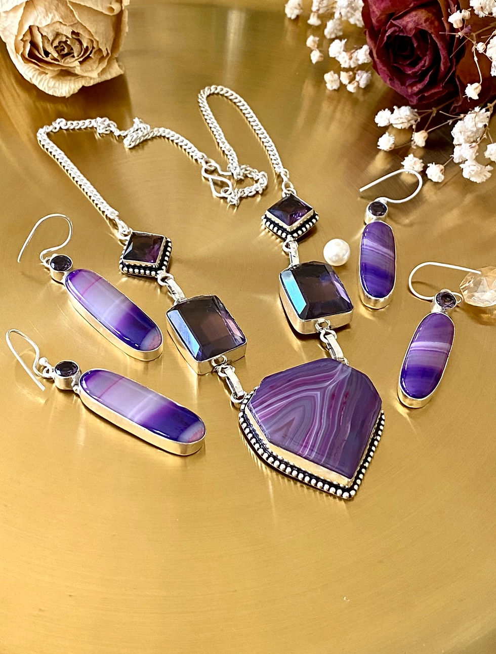 Thumbnail: Purple Banded Agate And Amethyst Handcrafted Earrings