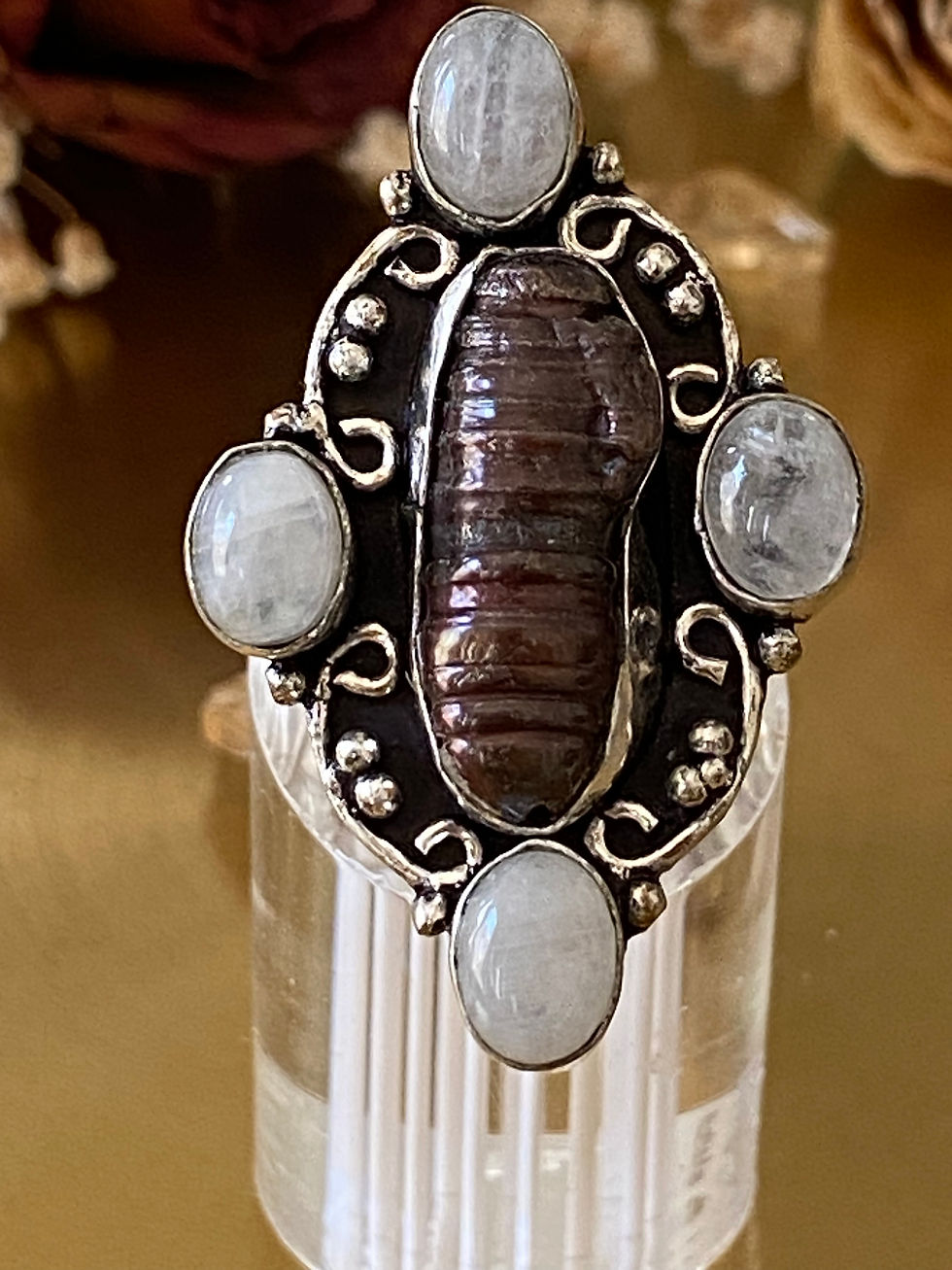 Thumbnail: Moonstone And Biwa Pearl s925 Sterling Silver Overlay Ring Size 8.5