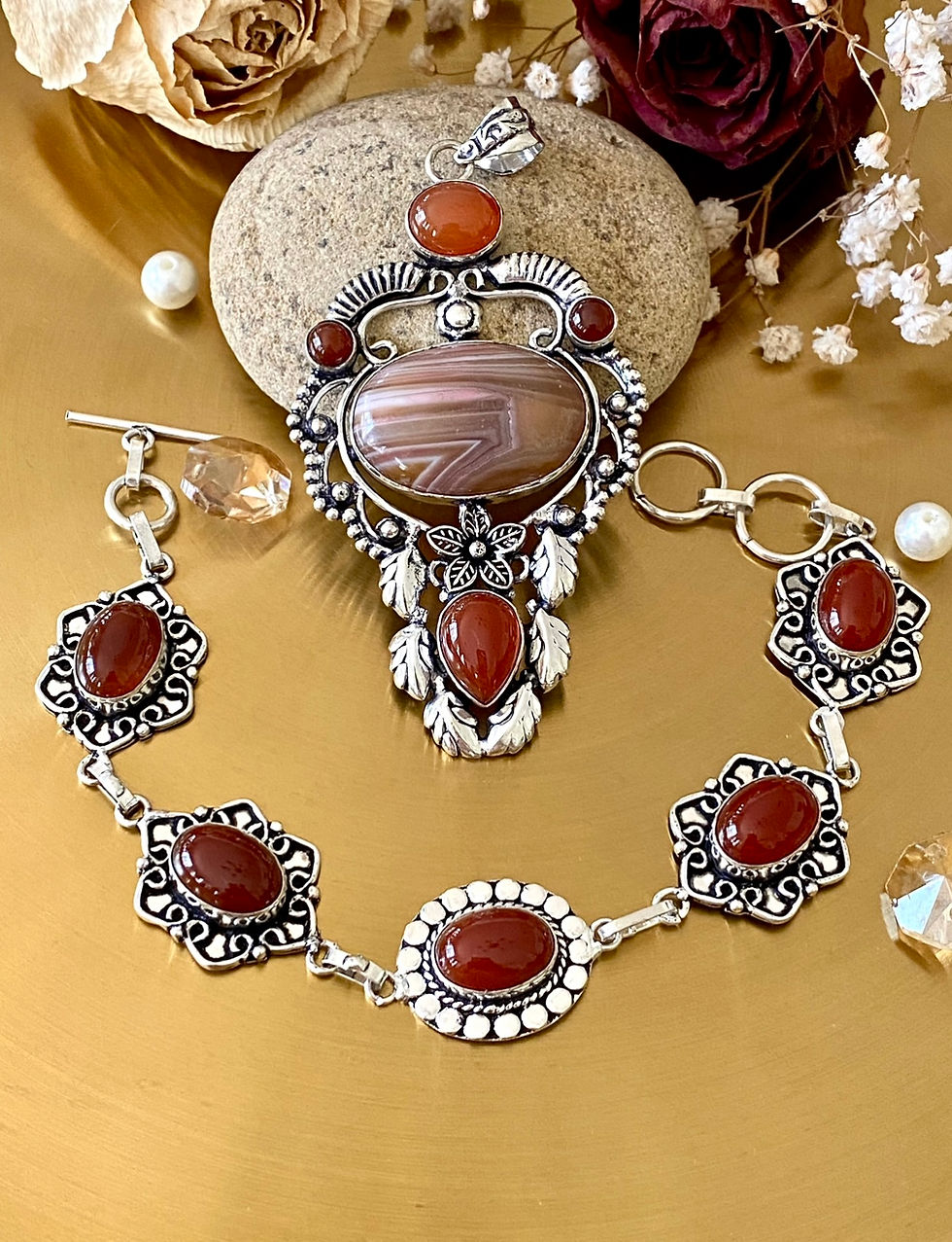 Thumbnail: Botswana Agate And Carnelian Handcrafted Flower And leaves Pendant