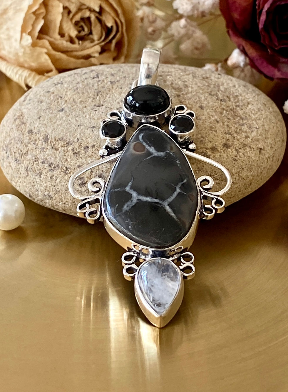 Thumbnail: Mud Crack Fossil, Black Onyx And Rainbow Moonstone Pendant