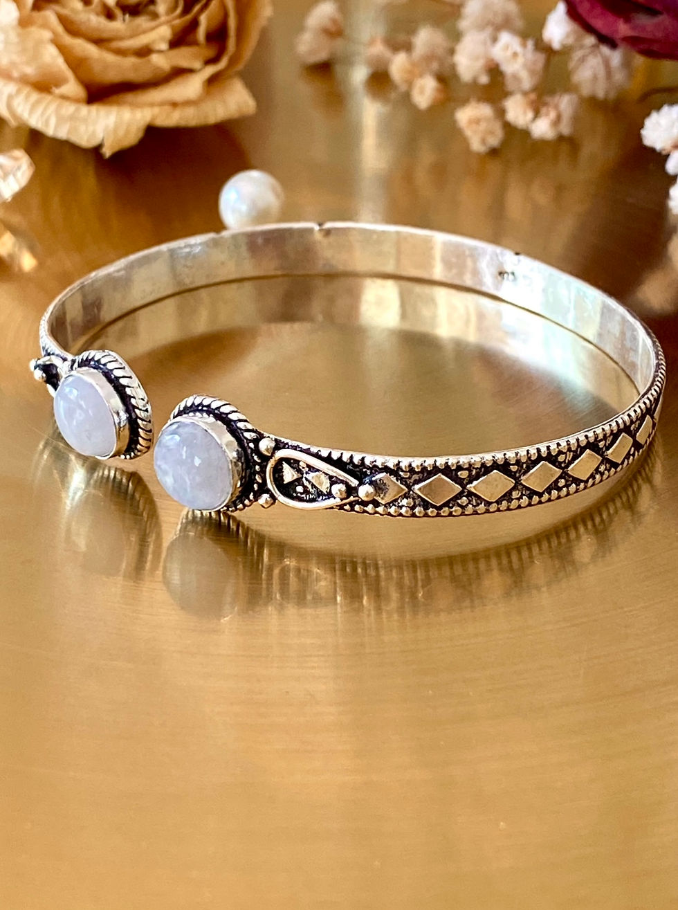 Thumbnail: Natural Rainbow Moonstone Hand Embossed Adjustable Bangle