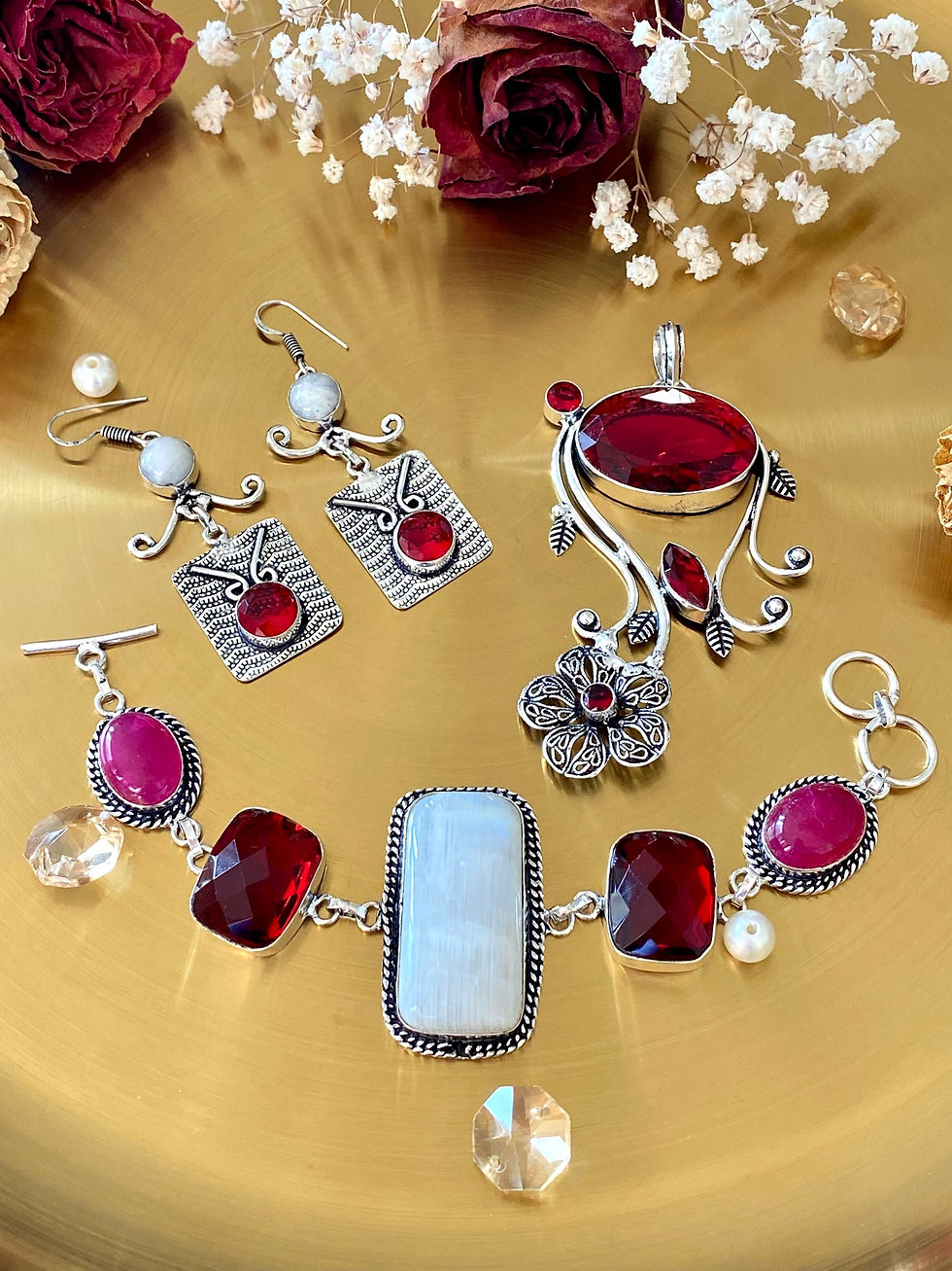 Thumbnail: Rainbow Moonstone, Garnet And Ruby Handcrafted Bracelet