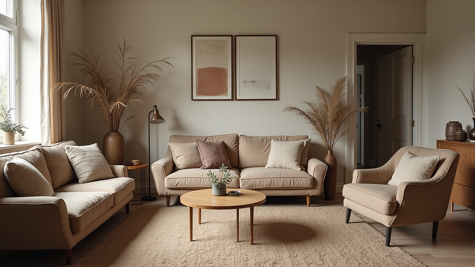 Eye-level view of a cozy living room with upcycled decor