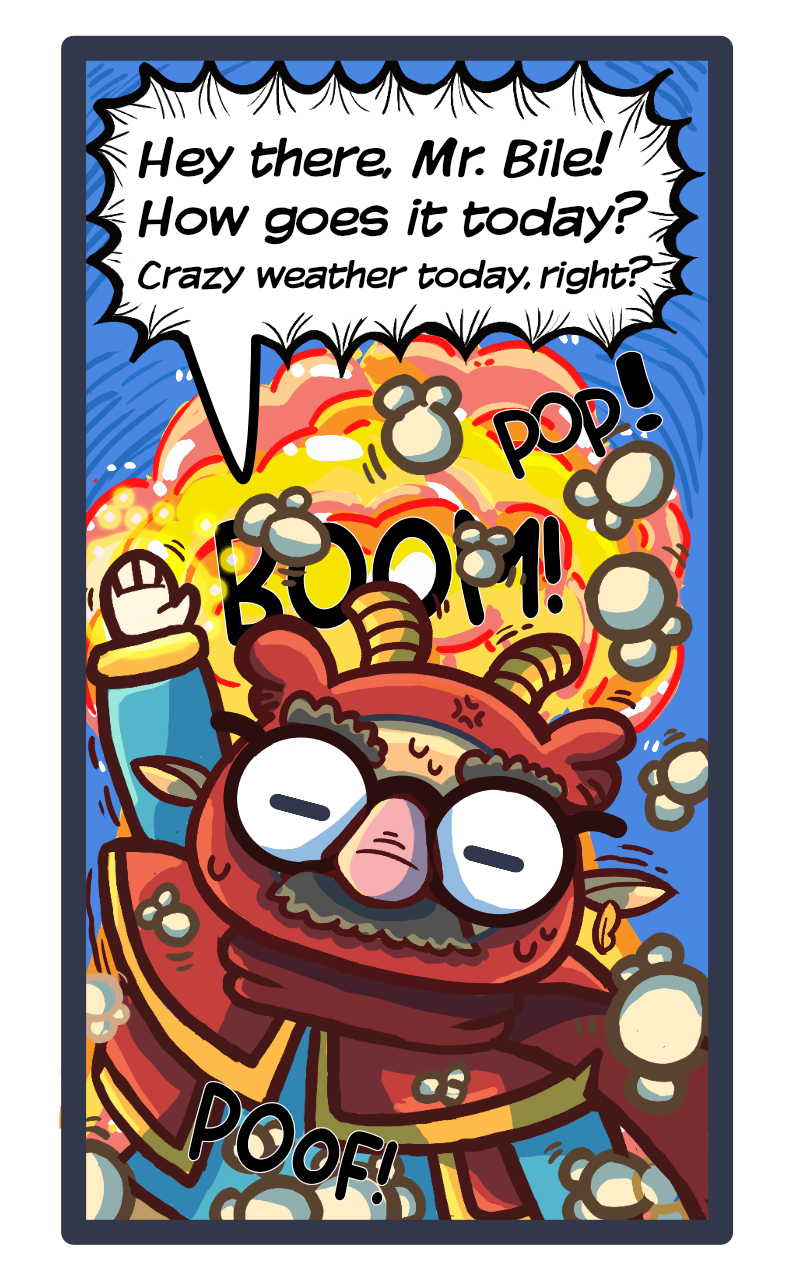 Elf child wearing a disguise waves with an explosion and popcorn behind them.  