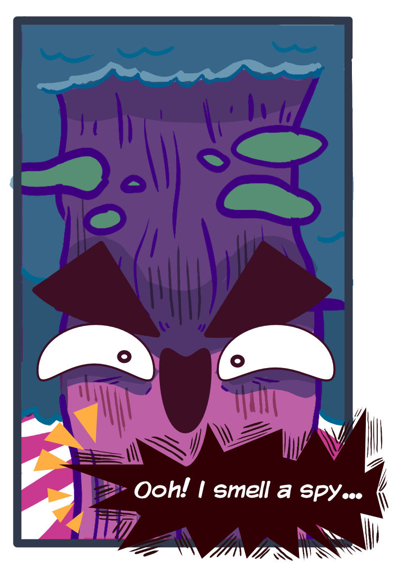 Cartoon tree shouts and looks devious.