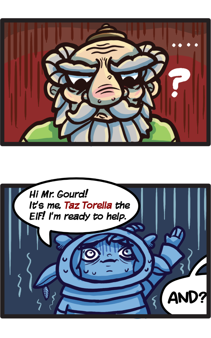 Two comic panels depicting dwarf staring angrily down at scared elf kid.