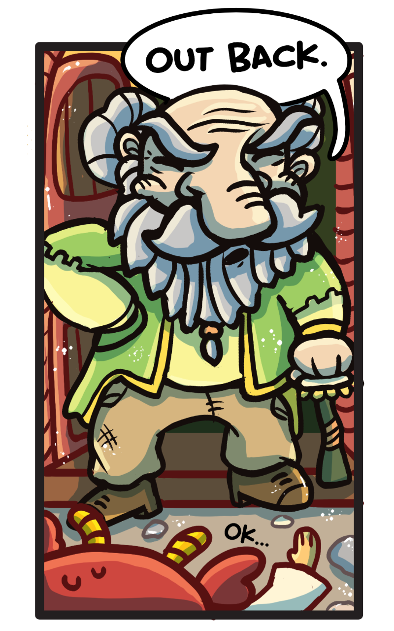 Dwarf with cane saying dialogue in front of cottage door.