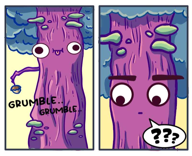 Two panels of a cartoon tree hearing sounds and looking confused.