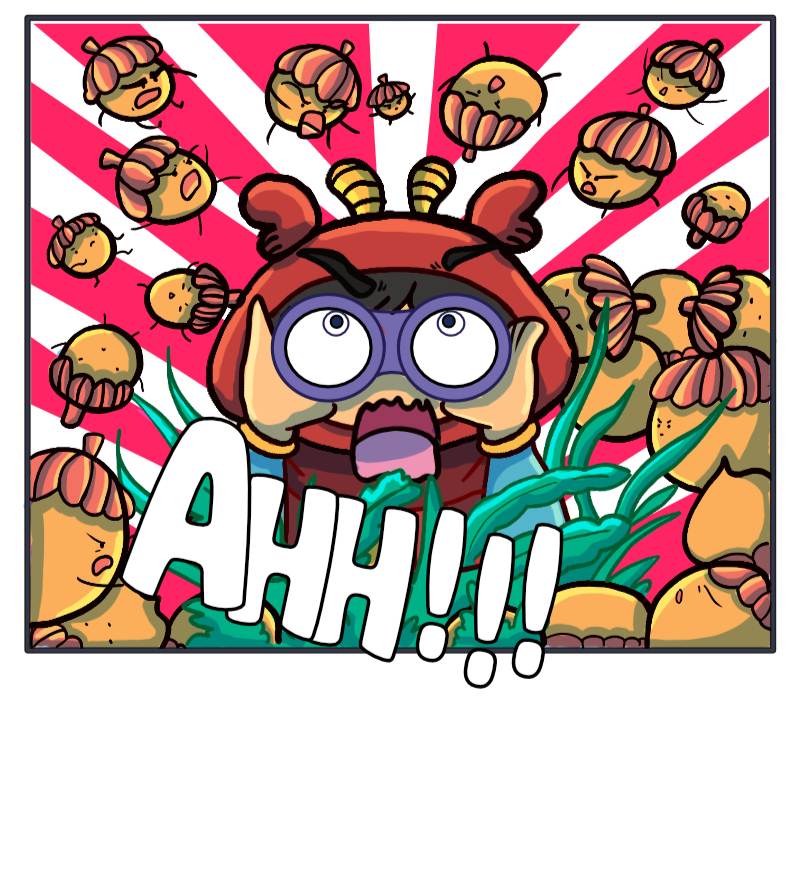 Elf child with binoculars attacked by acorn monsters.