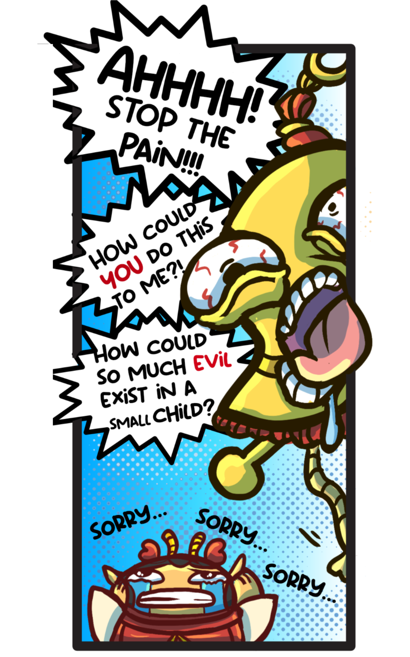 Anthropomorphic doorbell yelling text at elf child