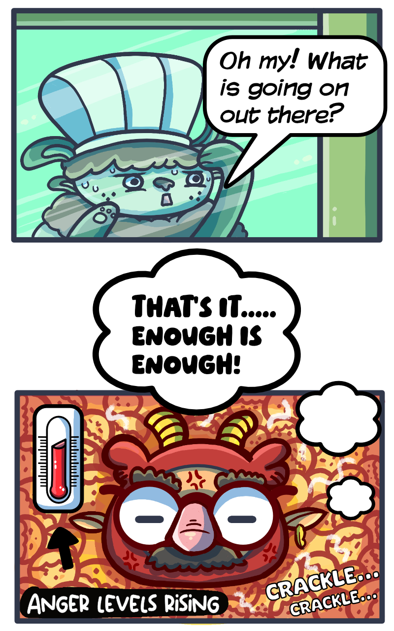 Two panels depicting a baker monster looking out a window and an elf child in disguises surrounded by acorn monsters. The elf is getting angry and warming up.