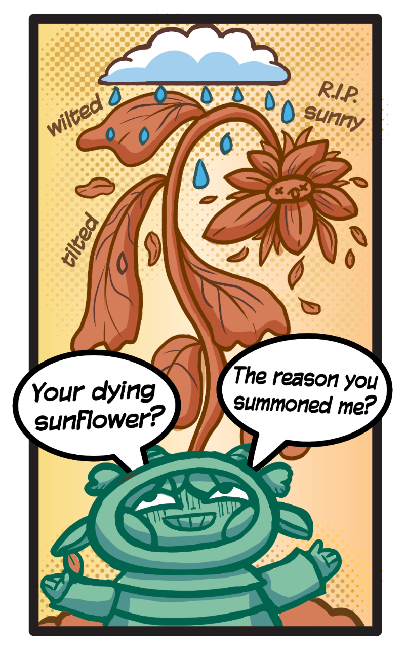 Elf kid describing dying sunflower.