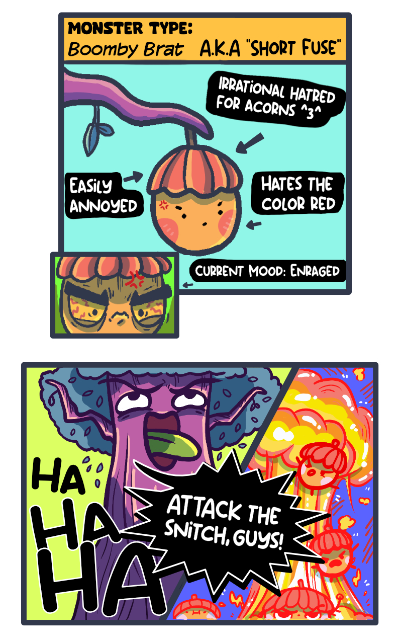 Two panels depicting a fictional acorn monster and a cartoon tree laughing and shouting.