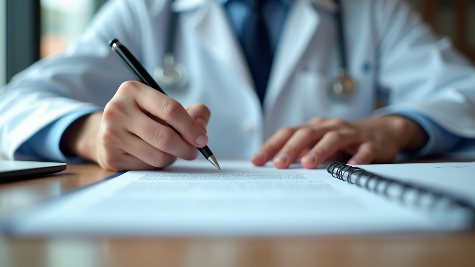 Eye-level view of a healthcare professional reviewing documents for notarization