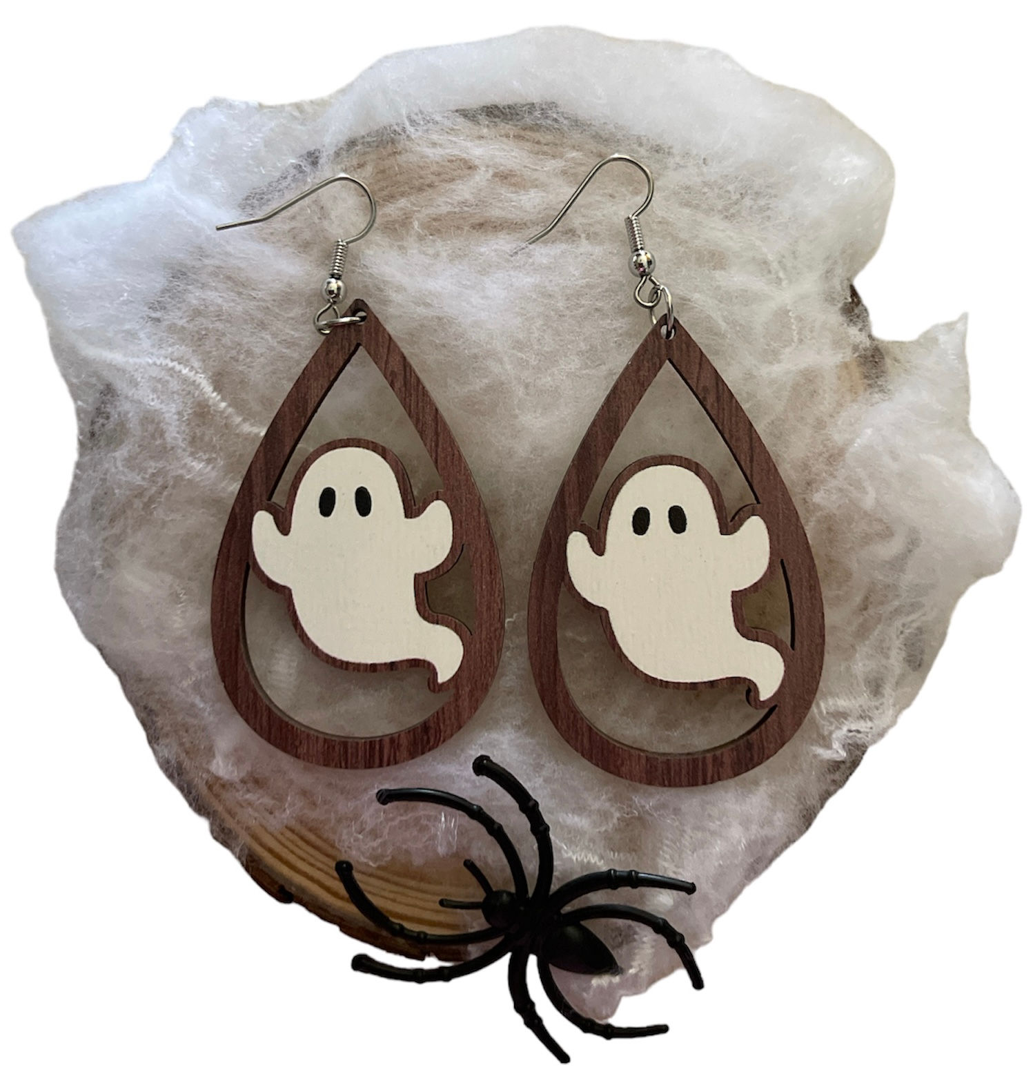 Wooden Ghost Teardrop Halloween Dangle Earrings 