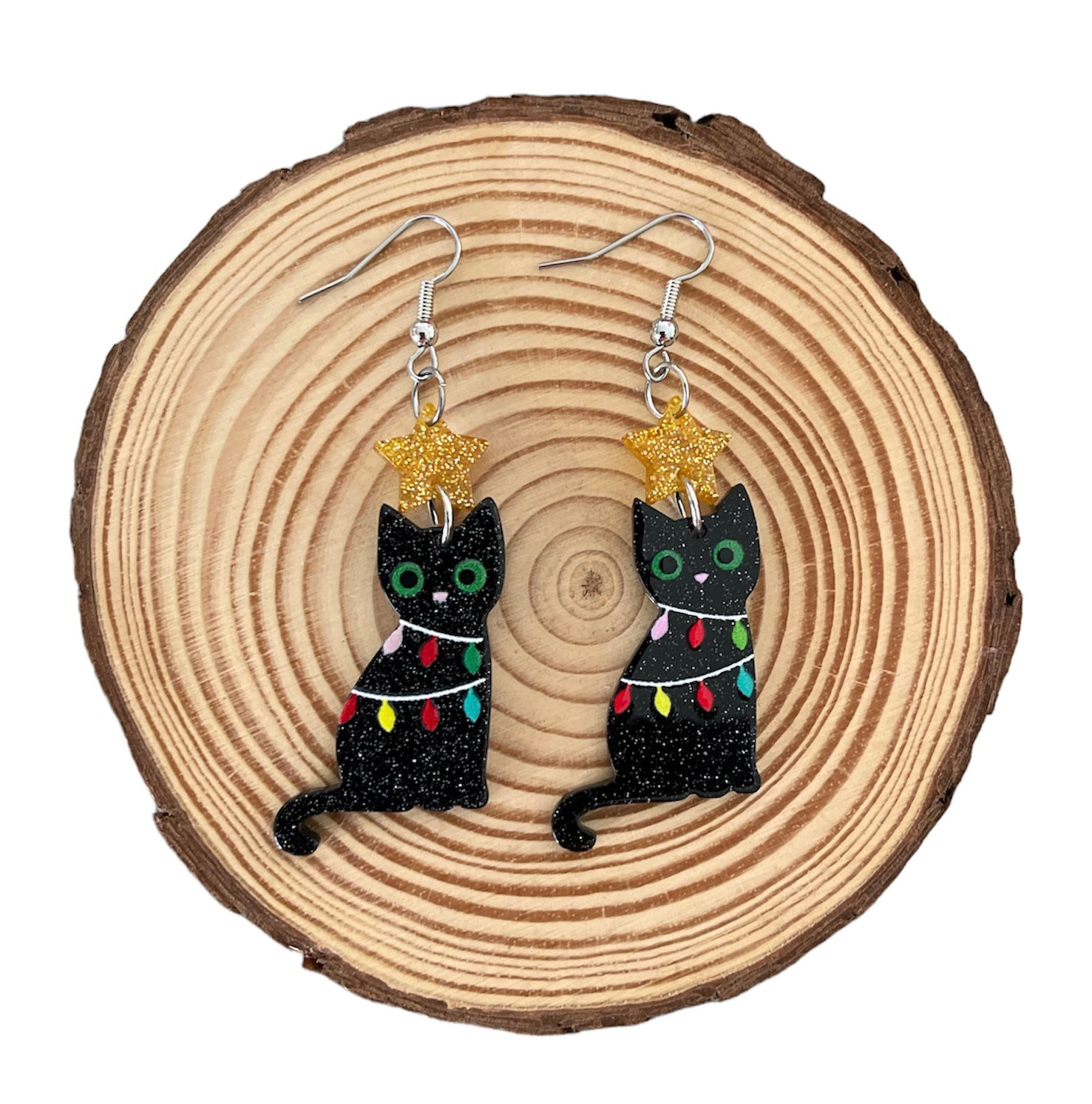 Christmas Black Cat With Star Dangle Earrings 