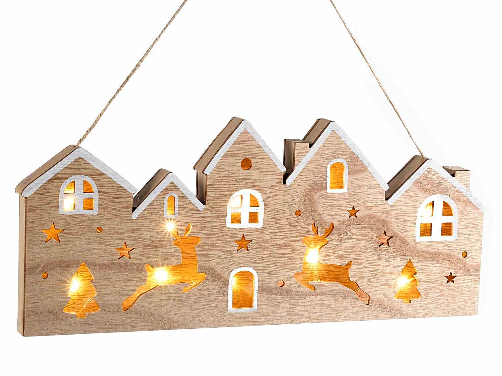 Villaggio natalizio legno con intarsi e luci LED da appendere
