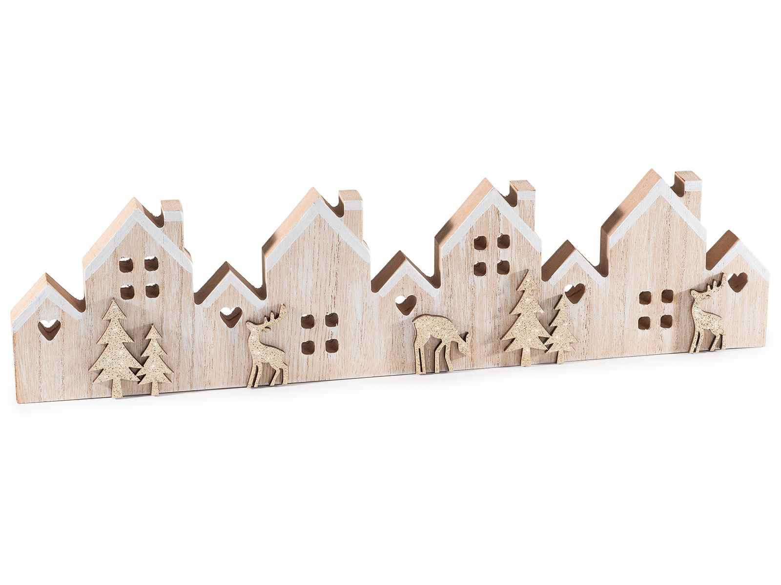 Decorazione villaggio di casette in legno pini e renne